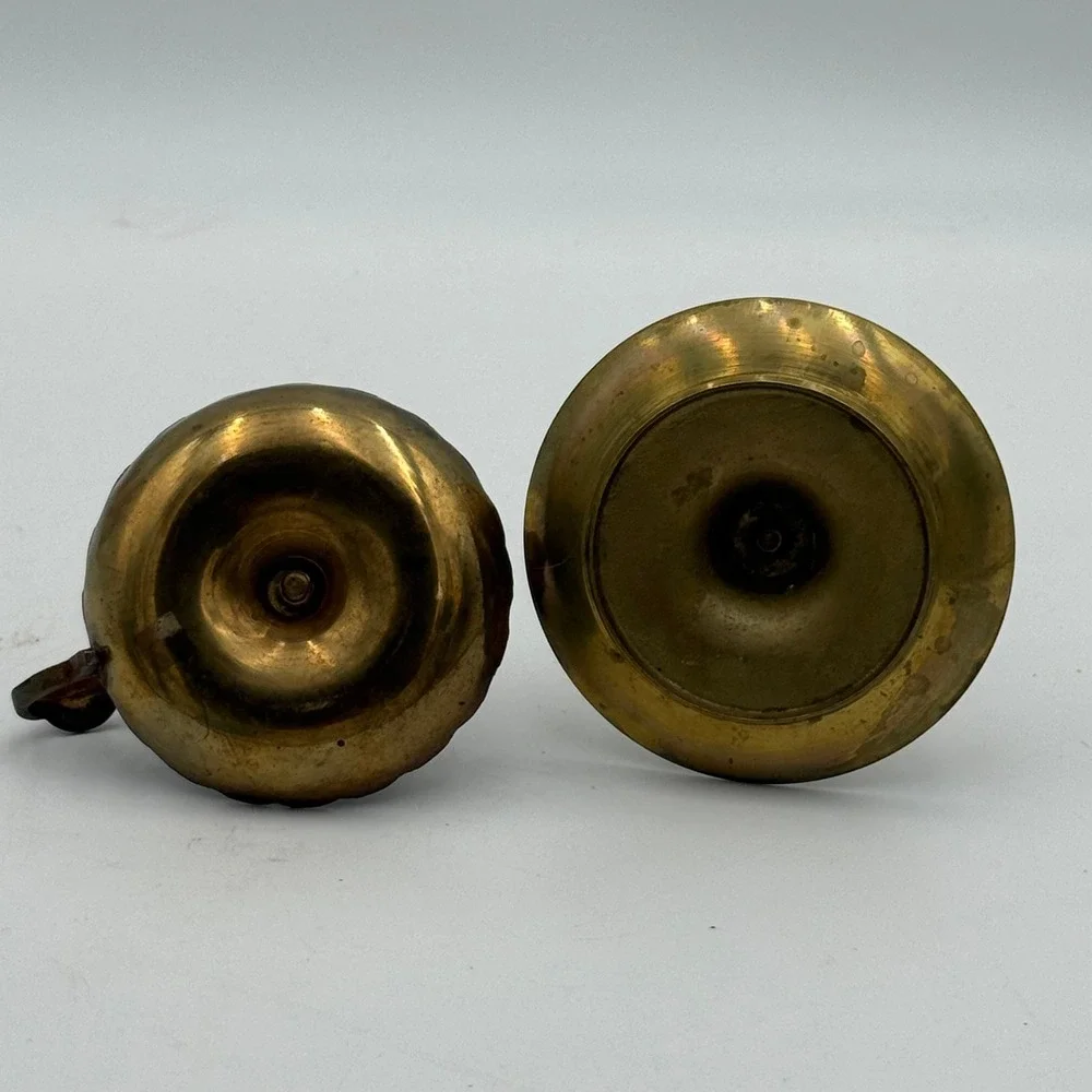 Vintage Brass Candlestick Holder Set Spindle Taper and Scalloped Chamberstick
